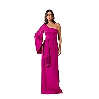 Long Dress one-Shoulder Design, with Bell Sleeves, Side Slits and Comes with a Fringed Belt