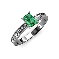 Emerald 7x5mm Scroll Solitaire Engagement Ring 0.80 Carat 14K White Gold