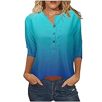 Gradient Button Tops for Women Summer 3/4 Sleeve V Neck T-Shirts Casual Loose Fit Comfy Tees Blouses for Going Out