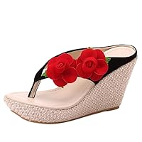 Womens Platform Flip Flops Flower Chunky Sandals Tong Wedge Shoes