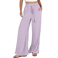 Linen Palazzo Pants for Women Dressy Casual Wide Leg Lounge Pants with Drawstring High Waist Baggy Beach Pants