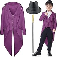 Boys Renaissance Steampunk Medieval Tailcoat, Victorian Frock Coat Joke Costume Halloween with Walking Cane Hat