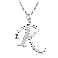 Cuoka Initial Necklace, 925 Sterling Silver Monogram Letter Pendant with Created Opal, A-Z Alphabet Necklace Jewelry Gifts
