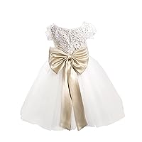PLUVIOPHILY Cap Sleeves Ivory Lace Tulle Wedding Flower Girl Dress Kids Party Dress with Champagne Bow