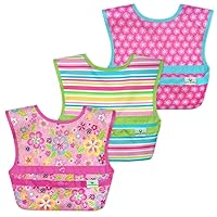 green sprouts Snap and Go Easy-wear Bibs for Baby and Toddler (3 pk) Comfortable, Waterproof Protection for Messy Eaters Flipped Pocket Easily Catch Spills, Easy Clean , Pink Flower Field, 9-18mo