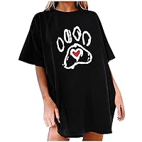 2024 Women Oversized T-Shirts Dog Paw Love Heart Graphic Tunic Tops Valentines Crewneck Short Sleeve Casual Shirts