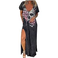 Women's Beach Flowy V-Neck Glamorous Dress Print Casual Loose-Fitting Summer Swing Short Sleeve Long Floor Maxi Black