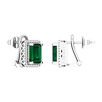 Dazzlingrock Collection 8x6mm Emerald Shape Lab Created Gemstone & 0.17 CT Round White Diamond Halo Triangular Grooves Stud Earrings in 925 Sterling Silver