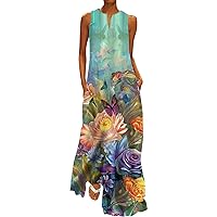 Summer Dresses for Women V Neck Sleeveless Sundress Casual Floral Print Maxi Dresses 2024 Beach Wedding Guest Long Dress