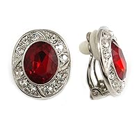Ruby Red/Clear Crystal Oval Clip On Earrings In Silver Tone - 17mm Tall