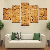 5 Panel Egyptian Canvas Wall Art Hieroglyphic Symbols on Wall Paintings Vintage Egypt Wrting Pictures for Living Room HD Prints Modern Artwork House Decor Framed Giclee Ready to Hang(60''Wx32''H)