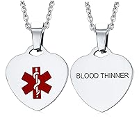 VNOX Personalized Engraving Stainless Steel Medical Alert ID Heart Pendant Necklace for Women Girls