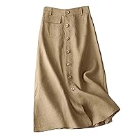 Cotton Midi Skirts Casual Button Up A-Line Skirt Women High Waist Summer Solid Vintage Skirt