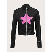 Women's Jackets Star Pattern Zip Up Crop Leather Jacket Lightweight Fashion (Color : Black, Size : Small)