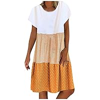 Women's Midi Kaftan Dresses Summer Casual Loose Stripe Polk Dot Printed V-Neck Short Sleeves Beach Boho Sundress