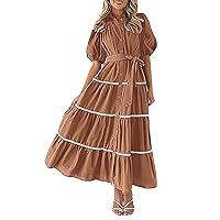 Summer Button Down Maxi Dress for Women Short Puffy Sleeve Midi Dresses Tiered Ruffle Flowy Long Maxi Dresses