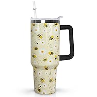 40oz Bee tumbler With Handle Lid and Straw,Queen Bee Coffee Mug Cup Skinny Tumbler Water Bottles,Honey Bee themed Gifts for Women Daisy Flowers,Bee Decor