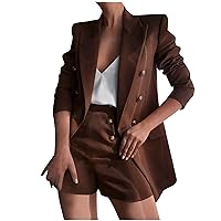 Women 2 Piece Outfits Blazer Suits Long Sleeve Button Blazer Jacket High Waist Shorts Breasted Decoration Work Set