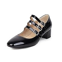 Women Square Toe Mary Jane Pumps 3 Strap Patent Leather Fashion Vintage Chunky Mid Heel Dress Shoes