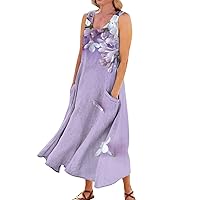 Womens Spring Dress Casual Comfortable Floral Print Sleeveless Cotton Pocket Dress