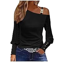 Workout Tops for Women Oversized Summer T Shirts Womens Classic Long Sleeve Office Cami Loose T-Shirt Plain Super Soft Lace One-Shoulder Shirts Lady Black Womens Shirts Dressy Casual X-Large