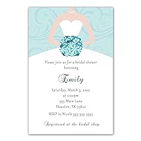 30 Invitations Bridal Shower With Dress And Flowers Teal Photo Paper
