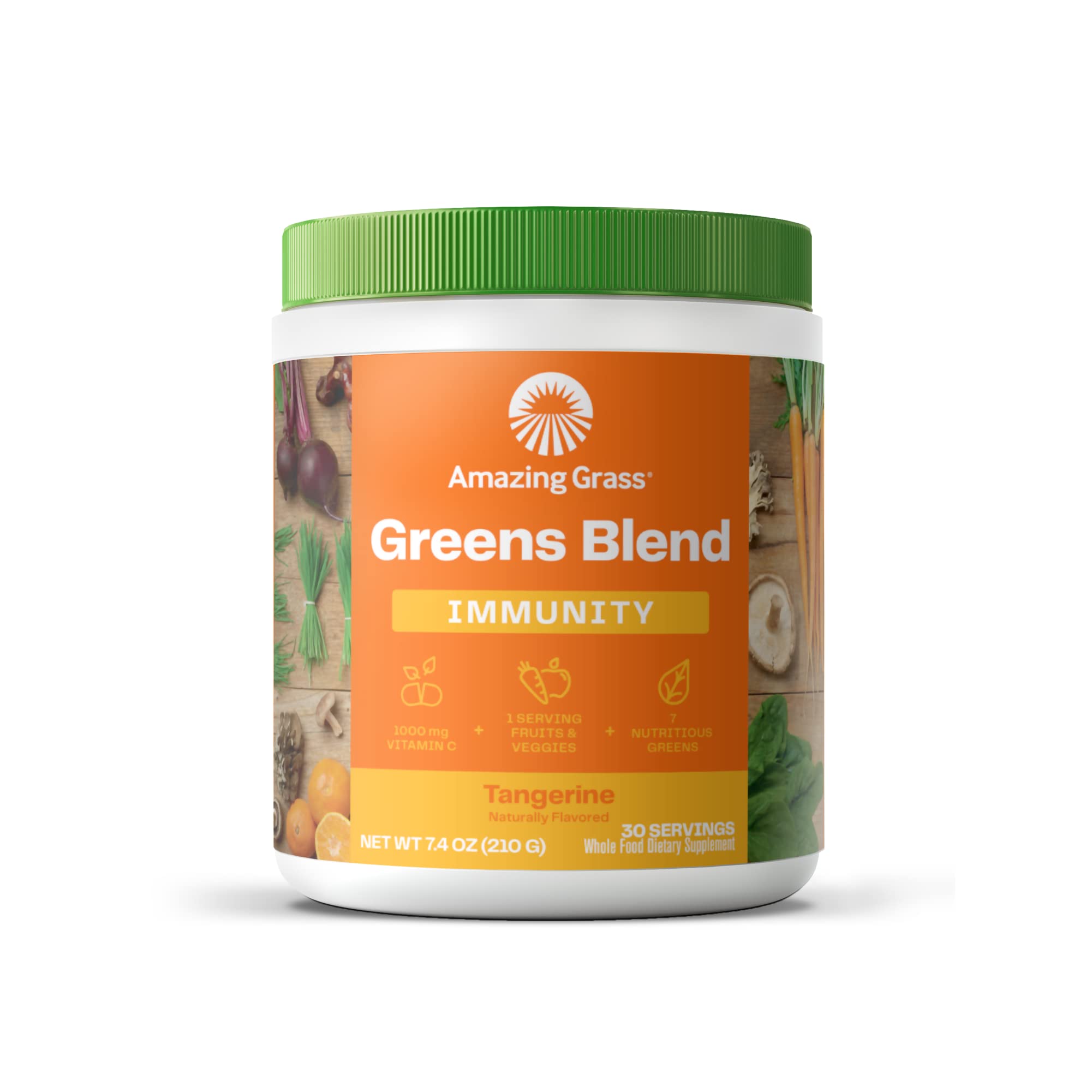 Amazing Grass Greens Blend Superfood for Immune Support: Super Greens Powder Smoothie Mix with Vitamin C, Cordyceps, Beet Root Powder & Reishi Mushrooms, Tangerine, 30 Servings