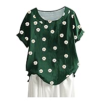 Plus Size Womens Cotton Linen Casual Tops Cute Daisy Polka Dots Tee Shirts Summer Short Sleeve Crewneck Fashion Blouses