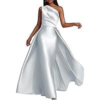 One Shoulder Prom Dresses for Women 2024 Ruched Bodice Satin Evening Dress with Overskirt JH20