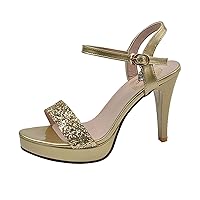 Heels for Women Pump Heeled Sandals Ladies Fashion Solid Color Sequins Leather Buckle Open Toe High Heel Sandals