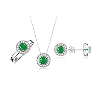 Rylos Halo Designer Matching Set Sterling Silver: Ring, Earring & Pendant Necklace. Gemstone & Diamonds, 4MM Birthstone; Sizes 5-10.