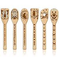 GLOBLELAND 6Pcs Cat Bamboo Cooking Utensils Wooden Engraved Cooking Spoons Set Carving Kitchen Bamboo Spatula Set Wood Cooking Spoon for Kitchen House Warming Gift