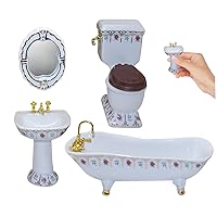 Dollhouse Bathroom Set Included Toilet Bathtub Basin Mirror 1:12 Dolls House Furniture Toys with Floral Pattern