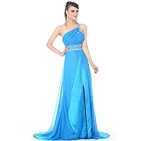 Blue One Shoulder Chiffon Overlay Beaded Prom Dress With Side Slits
