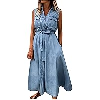 Women Casual Denim Flowy Belted A-Line Tank Dress Summer Lapel Button Down Sleeveless Jean Midi Dress with Pockets