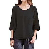 Flygo Womens Casual Loose 3/4 Sleeve Crewneck Cotton Linen Shirt Blouses Tops