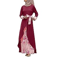 Muslim Dress for Women for Eid Muslim Long Sleeve Floral Printed Abaya Casual Dress Prayer Dress Bow Lace Up Slim Fit Comfortable Kaftan Dubai Outfits Under Abaya Dress Red 2X