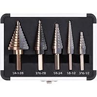 5PCS Step Drill Bit Set | Titanium High-Speed Steel (HSS) Stepper Cone Drill Bit | Covering 50 Sizes(1/8''-1 3/8''), 135 Degree Point, with Aluminum Case