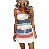 Striped Dresses for Women Fashion Loose Summer Sundress Casual Halter Stripes Printed Vest Pocket Mini Tank Dress