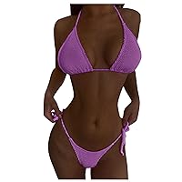 Sexy Bikini, Women's Casual Macaron Color Crinkle Cloth Solid Split Swimsuit Bathing Suits for Women, S XXL