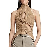 High Neck Tank Tops for Women Ribbed Knit Sexy Hollow Out Twist Front Sleeveless Cut Out Sweater Vest Bodycon Crop Top