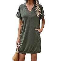 Women's Dresses 2024 Fashionable Casual Slim Fit Solid Color Short Sleeved V-Neck Small Stripe Dress, S-2XL