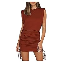 Women's Bohemian Solid Color Sleeveless Knee Length Flowy Swing Round Neck Trendy Dress Beach Casual Summer Red