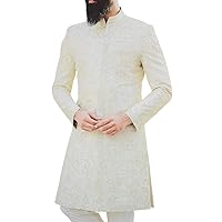 Cream Indian Mens Sherwani Indian Dress for Groom Decorated with Floral Motifs SH1084