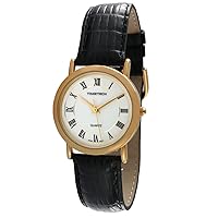 Classic Dress Watch with Roman Numerals and Genuine Black Leather Strap