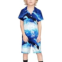 Space Whale Boy's Beach Suit Set Hawaiian Shirts and Shorts Short Sleeve 2 Piece Funny