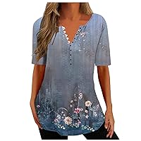 Button Up Shirts for Women Summer Floral Print Tunic Tops Comfy Short Sleeve Henley V Neck Spring Blouses