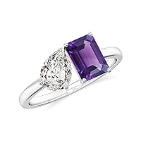 Natural Amethyst Pear And Emerald Cut Ring with Diamonds for Women in Sterling Silver / 14K Solid Gold/Platinum