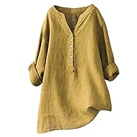 Womens Linen 3/4 Sleeve T Shirt V Neck Button Shirt Loose Tunics Lightweight Summer Blouse Drop Shoulder Top