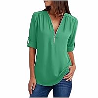 Women's V Neck Chiffon Blouse Half Zip up Tunic Shirts Casual Roll-Up Sleeve Tops Solid Color Loose Fit T-Shirt